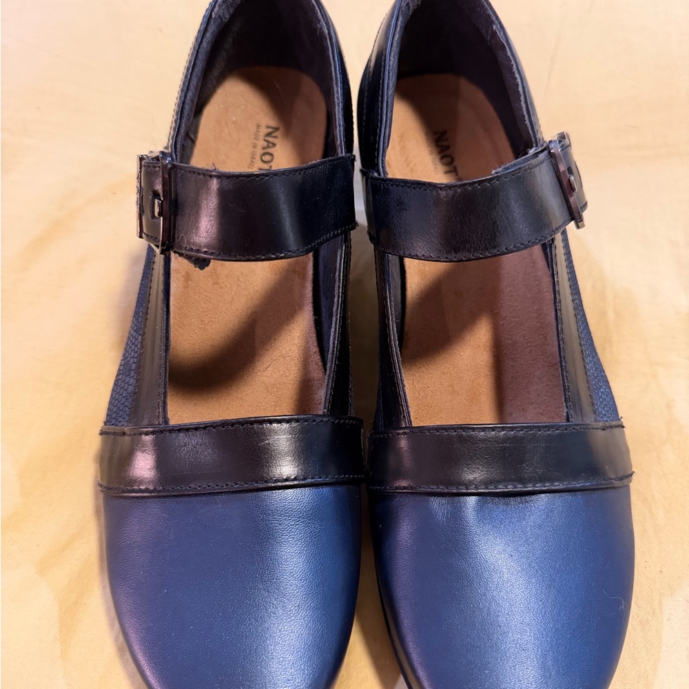 Naot Navy and Black Leather low block heels